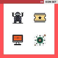 User Interface Pack of 4 Basic Filledline Flat Colors of robot screen cinema tickets tv investment Editable Vector Design Elements