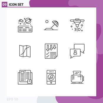 Mobile Interface Outline Set of 9 Pictograms of paper data direct arrows navigation Editable Vector Design Elements
