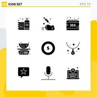 Set of 9 Vector Solid Glyphs on Grid for coin balance science fruits year Editable Vector Design Elements
