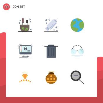 Editable Vector Line Pack of 9 Simple Flat Colors of trash delete planet data safe Editable Vector Design Elements