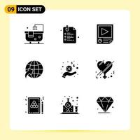 9 Thematic Vector Solid Glyphs and Editable Symbols of income travel data globe report Editable Vector Design Elements