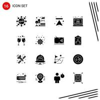 Pack of 16 Modern Solid Glyphs Signs and Symbols for Web Print Media such as drink glass arrows screen computer Editable Vector Design Elements