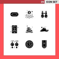 Group of 9 Modern Solid Glyphs Set for relax hot field glasses mobile father Editable Vector Design Elements