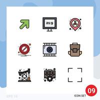 Mobile Interface Filledline Flat Color Set of 9 Pictograms of media video app pollution journalist video warning Editable Vector Design Elements