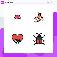 4 Universal Filledline Flat Color Signs Symbols of heartbeat heart wedding failed like Editable Vector Design Elements