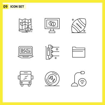 Modern Set of 9 Outlines and symbols such as machine factory rugby computer code Editable Vector Design Elements