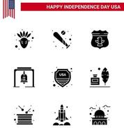 Pack of 9 USA Independence Day Celebration Solid Glyphs Signs and 4th July Symbols such as shield church bell sheild christmas bell alert Editable USA Day Vector Design Elements