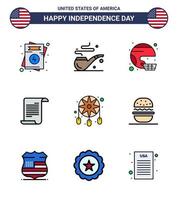 Group of 9 Flat Filled Lines Set for Independence day of United States of America such as adornment american football text united Editable USA Day Vector Design Elements