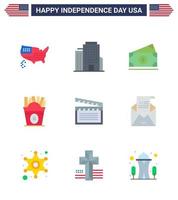 Set of 9 Vector Flats on 4th July USA Independence Day such as video american money usa fastfood Editable USA Day Vector Design Elements