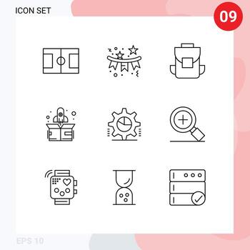 9 Thematic Vector Outlines and Editable Symbols of pie graph cog media up rocket Editable Vector Design Elements