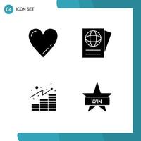 Group of 4 Modern Solid Glyphs Set for heart investments document analytics badges Editable Vector Design Elements