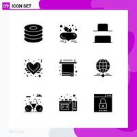 Mobile Interface Solid Glyph Set of 9 Pictograms of towel bath bottom love heart Editable Vector Design Elements