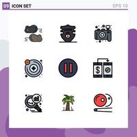 Modern Set of 9 Filledline Flat Colors and symbols such as cashless pause camera multimedia chemistry Editable Vector Design Elements