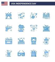 Big Pack of 16 USA Happy Independence Day USA Vector Blues and Editable Symbols of tourism golden garland gate weapon Editable USA Day Vector Design Elements