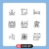 Mobile Interface Outline Set of 9 Pictograms of hub bathroom bed online learning Editable Vector Design Elements