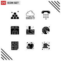 Set of 9 Commercial Solid Glyphs pack for fish machine call device phone Editable Vector Design Elements