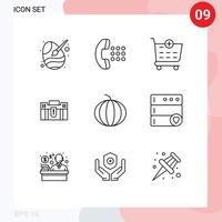 Mobile Interface Outline Set of 9 Pictograms of suitcase holding phone case briefcase Editable Vector Design Elements