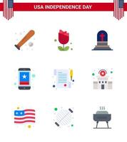 Flat Pack of 9 USA Independence Day Symbols of phone smart phone plent star rip Editable USA Day Vector Design Elements