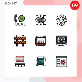 9 Thematic Vector Filledline Flat Colors and Editable Symbols of computer time computer vision clock block Editable Vector Design Elements