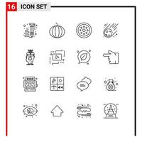 Universal Icon Symbols Group of 16 Modern Outlines of artificial space locked meteorite meteorite Editable Vector Design Elements