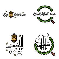 Set of 4 Vectors Eid Mubarak Happy Eid for You In Arabic Calligraphy Style Curly Script with Stars Lamp moon