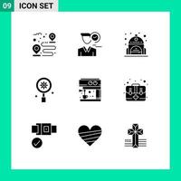 Stock Vector Icon Pack of 9 Line Signs and Symbols for machine setting appointment gear search Editable Vector Design Elements