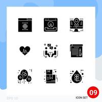 9 User Interface Solid Glyph Pack of modern Signs and Symbols of meeting heartbeat map heart pin Editable Vector Design Elements