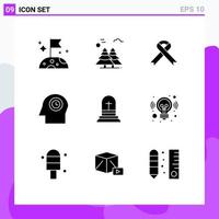 Mobile Interface Solid Glyph Set of 9 Pictograms of cross celebration ribbon time face Editable Vector Design Elements