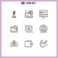 Group of 9 Modern Outlines Set for money cash monitor wallet develop Editable Vector Design Elements