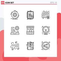 Pack of 9 Modern Outlines Signs and Symbols for Web Print Media such as html develop work coding money Editable Vector Design Elements