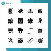 Vector Pack of 16 Glyph Symbols Solid Style Icon Set on White Background for Web and Mobile