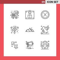 Modern Set of 9 Outlines and symbols such as hill mountain interface camping pork Editable Vector Design Elements