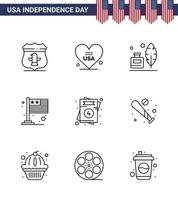 Set of 9 Vector Lines on 4th July USA Independence Day such as love usa adobe international country Editable USA Day Vector Design Elements