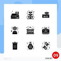 Set of 9 Commercial Solid Glyphs pack for shop board wifi network globe Editable Vector Design Elements