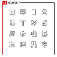 Group of 16 Outlines Signs and Symbols for dvd compact mobile cd grill Editable Vector Design Elements