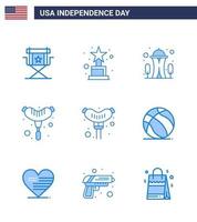 Happy Independence Day 4th July Set of 9 Blues American Pictograph of american football building sausage food Editable USA Day Vector Design Elements