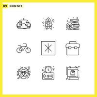 Mobile Interface Outline Set of 9 Pictograms of icebox vehicles seo bicycle money Editable Vector Design Elements