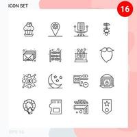 Mobile Interface Outline Set of 16 Pictograms of inbox tool gear break hammer Editable Vector Design Elements