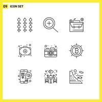 Pack of 9 Modern Outlines Signs and Symbols for Web Print Media such as bitcoin picture case photography doctor Editable Vector Design Elements