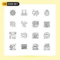Set of 16 Vector Outlines on Grid for spade farming chatting time stopwatch Editable Vector Design Elements