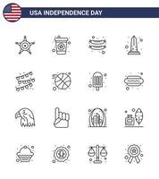 Group of 16 Lines Set for Independence day of United States of America such as party bulb buntings frankfurter washington sight Editable USA Day Vector Design Elements