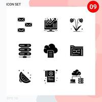 9 User Interface Solid Glyph Pack of modern Signs and Symbols of cloud network growth data spring Editable Vector Design Elements