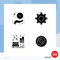 conjunto moderno de 4 glifos y símbolos sólidos, como elementos de diseño vectorial editables de banco de engranajes de tiempo de amor de reloj vector