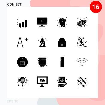 User Interface Pack of 16 Basic Solid Glyphs of increase space pc planet pie chart Editable Vector Design Elements