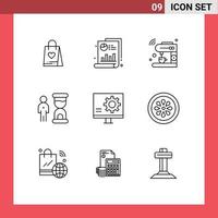 Set of 9 Vector Outlines on Grid for person management coffee deadline wifi Editable Vector Design Elements