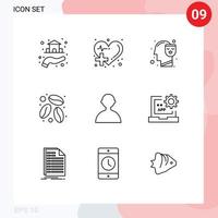 Mobile Interface Outline Set of 9 Pictograms of user coffee bean heart coffee face Editable Vector Design Elements