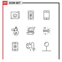 Universal Icon Symbols Group of 9 Modern Outlines of burger money device investment finance Editable Vector Design Elements