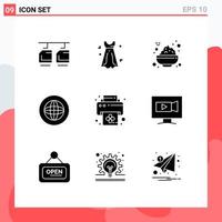 Pack of 9 Modern Solid Glyphs Signs and Symbols for Web Print Media such as print support bowl help communication Editable Vector Design Elements