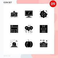 9 Solid Glyph concept for Websites Mobile and Apps heart bloone pc layout food Editable Vector Design Elements