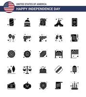 25 signos de glifo sólido de estados unidos símbolos de celebración del día de la independencia del campamento móvil carpa irlandesa boda elementos de diseño vectorial editables del día de estados unidos vector